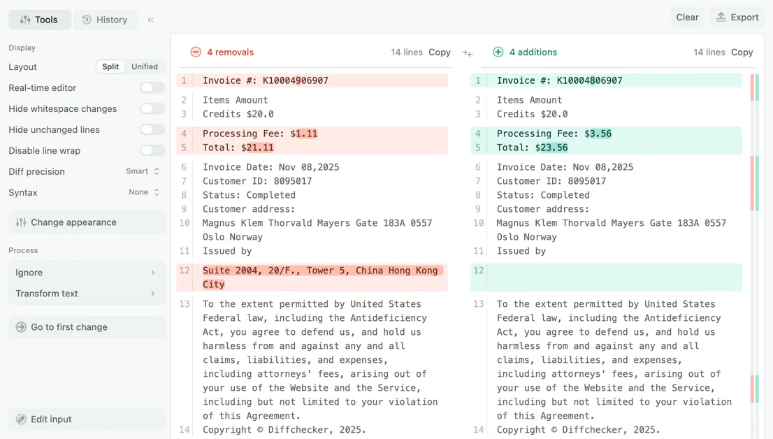 Side-by-side text comparison in Diffchecker